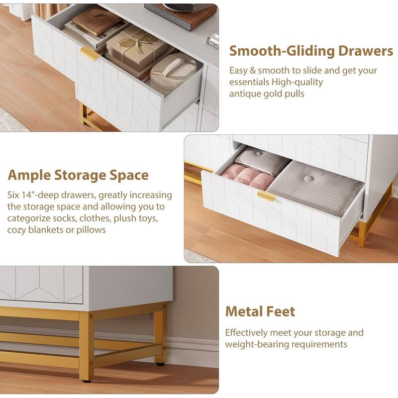6 Drawer Dresser for Bedroom, Wide Chest with Storage Drawers and Metal Legs for Living Room or Entryway