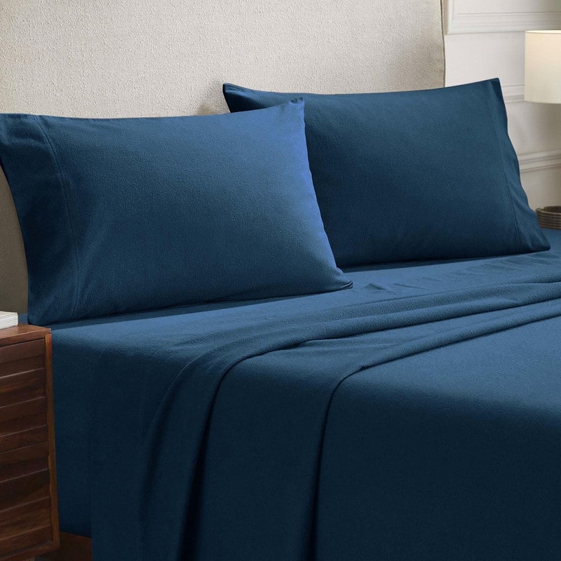 Superior Solid Flannel Cotton Fuzzy Pillowcases, Set of 2 - Standard - Navy Blue