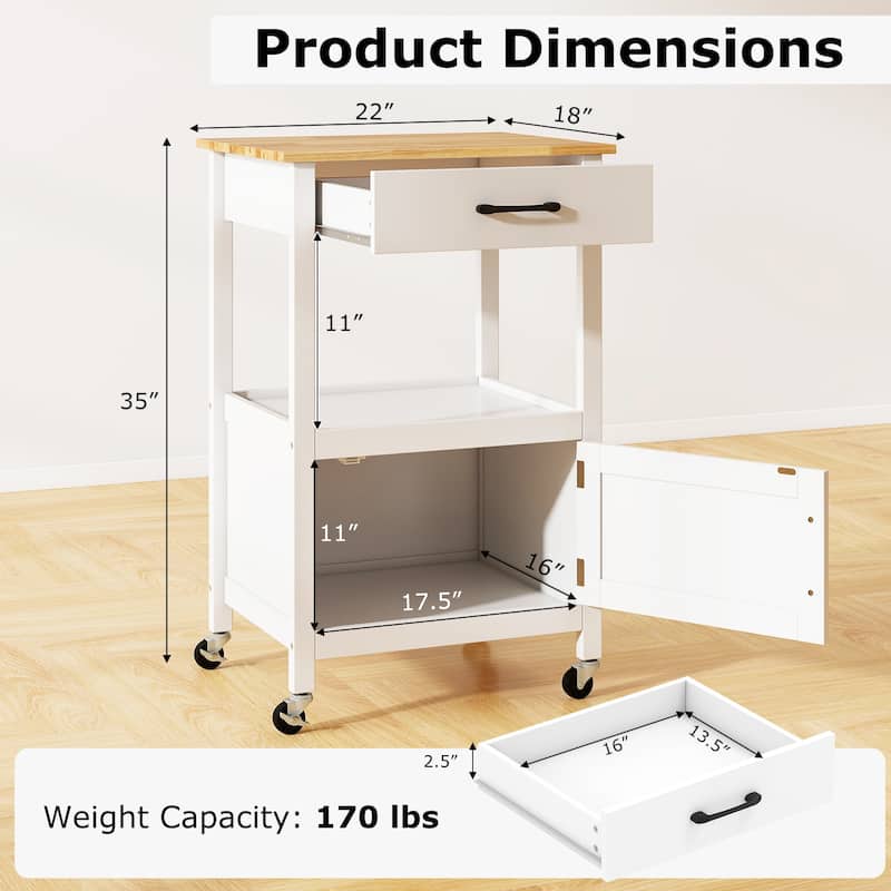 Mobile Rolling Kitchen Cart with Drawer and Cabinet Hooks for Dining Room or Living Room - 22" x 18" x 36" (L x W x H)