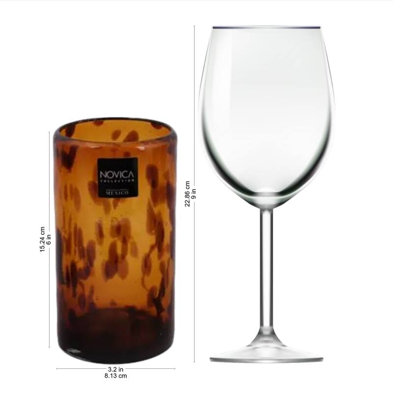 NOVICA Artisan Handblown Recycled Tumblers Mexican Water Glasses Brown Tableware 'Tall Tortoise Shell'(Set Of 6) - 6*3.2