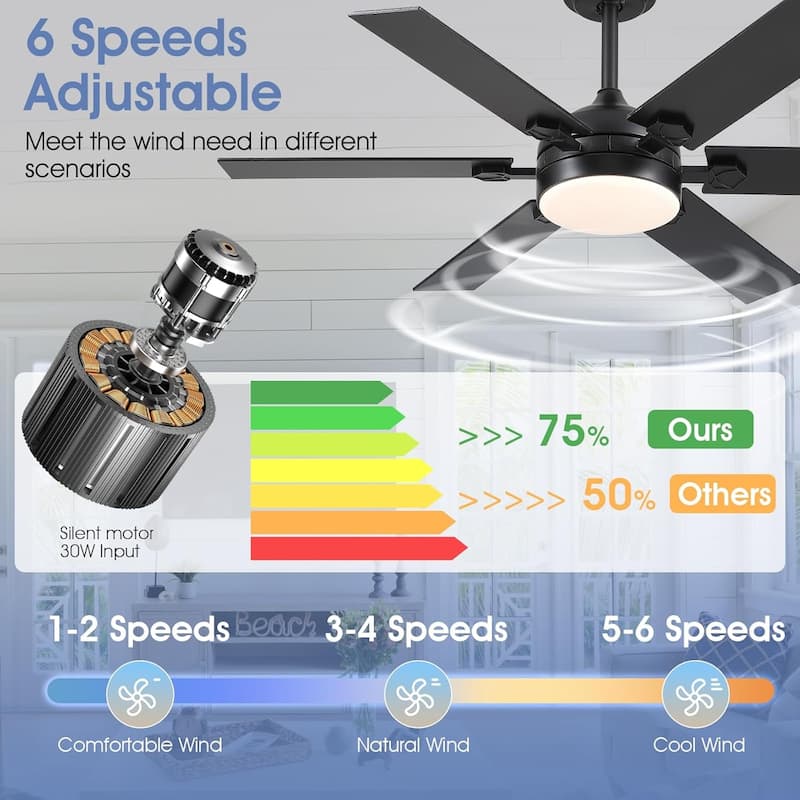 46 / 52 Inches Downrod Ceiling Fan with Light and Remote,6 Dual Side Blades