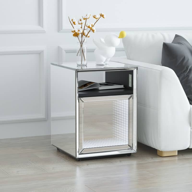 Mirrored Nightstand, LED Nightstand, Smart Bedside Table,Silver End Table