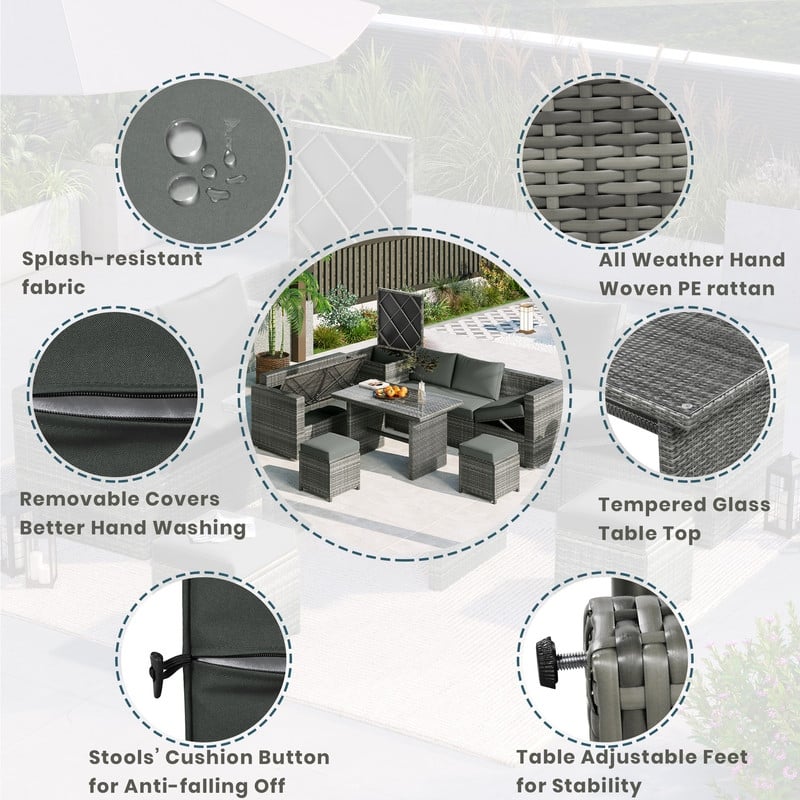 6-Piece All-Weather PE Rattan Patio Set – Adjustable Seating, Storage Box, Removable Covers & Tempered Glass Table Top‌