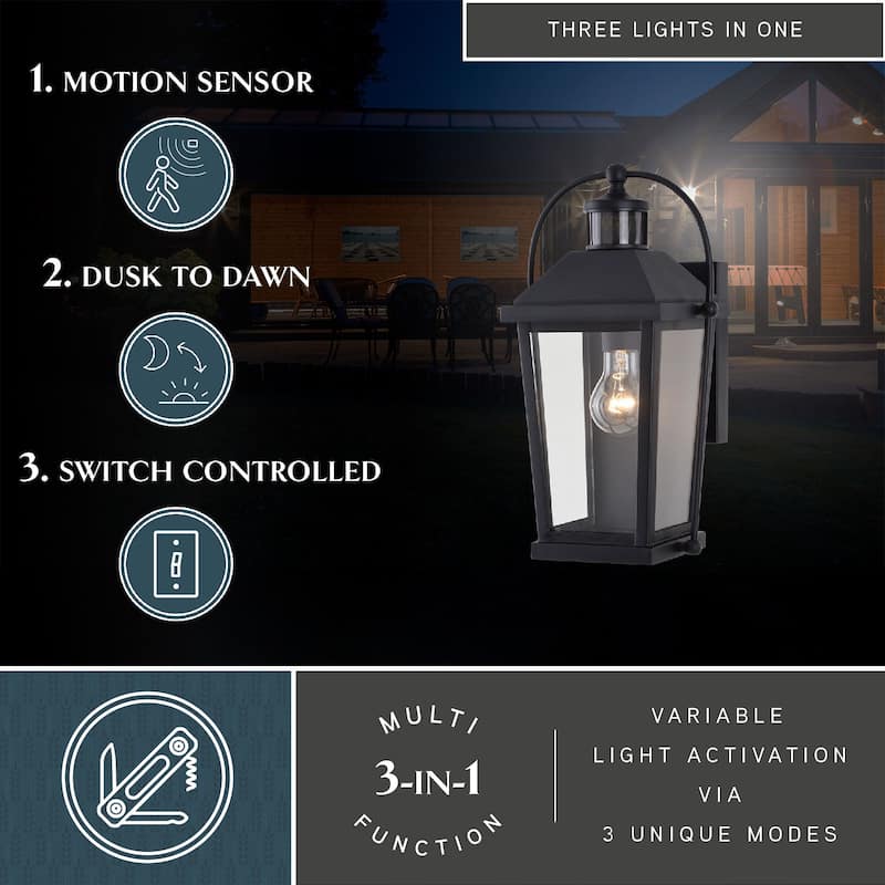 Lexington Aluminum Black Motion Sensor Dusk to Dawn Outdoor Wall Light Clear Glass