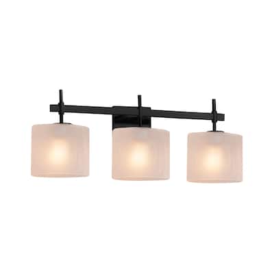 Justice Design Fusion Union 3-light Matte Black Bath Bar, Frosted Crackle Oval Shade