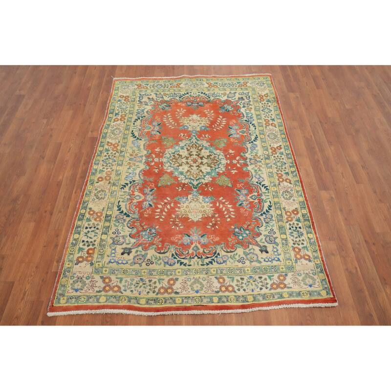 Hand Knotted Oriental 100% Wool Carpet Traditional Floral Oranges & Rust Tabriz Area Rug - 6' 4'' X 4' 6''