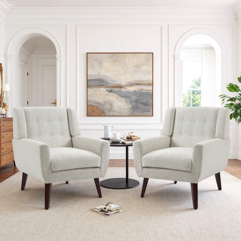 2 Set Modern Tufted Linen Upholstered Accent Chair Faux Leather Armchair