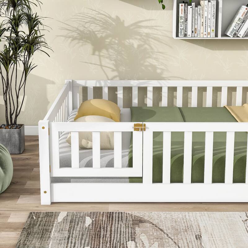 Full size Floor Platform Bed with Fence and Door