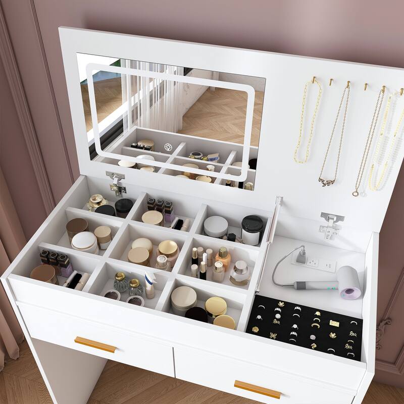 White Makeup Table Vanity Desk with Flip-down LED Mirror & Power Outlet