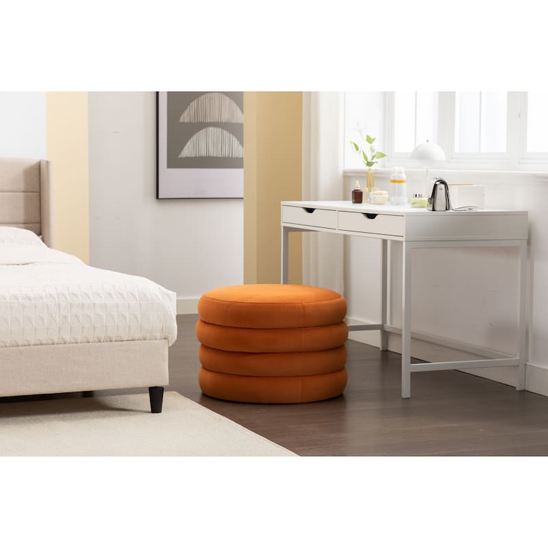 Velvet Round Ottoman with Storage, Footstool with Wooden Shelving, Multifunctional Round Vanity Stool for Makeup