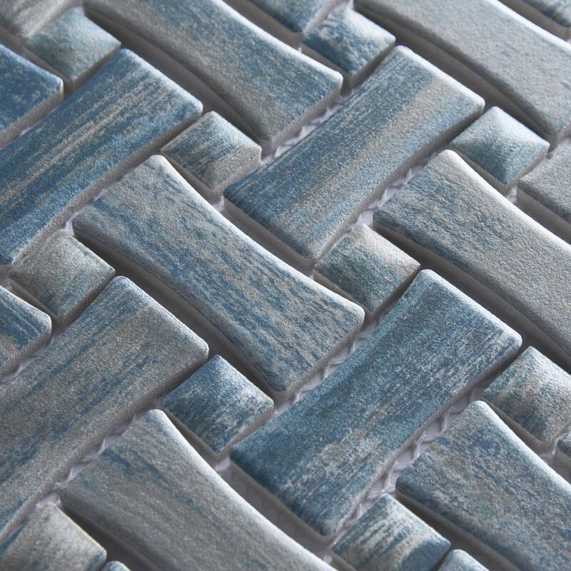 Merola Tile Cassis Dog Bone Basketweave Blue w/ Blue Dot 10" x 10" Porcelain Mosaic Floor and Wall Tile