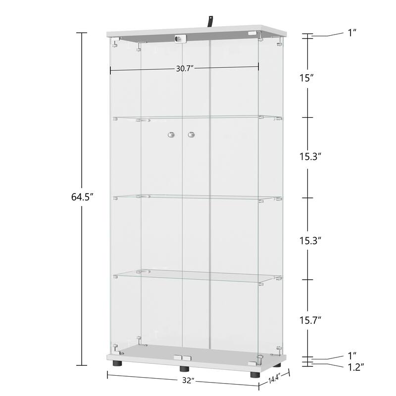 Modern Tempered Glass Bookshelf with Glass Doors Curio Display Cabinet