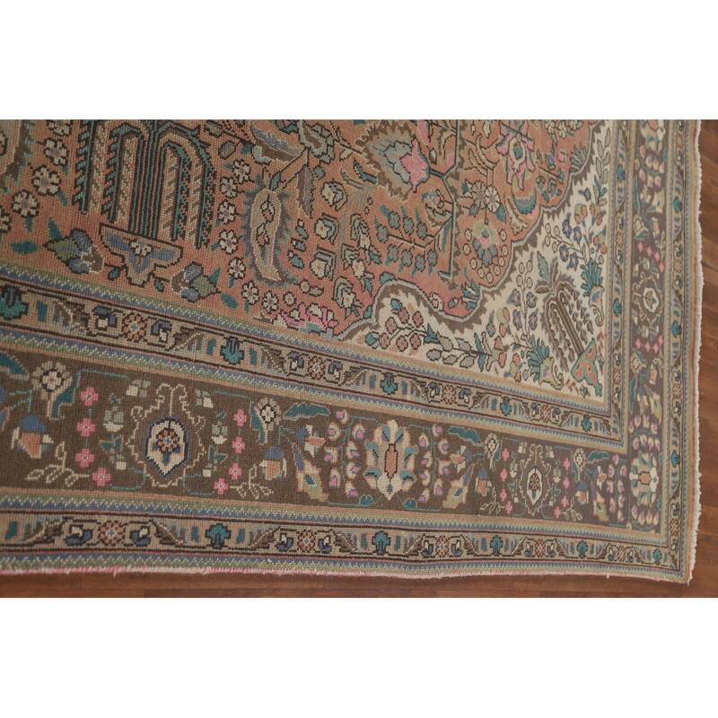 Hand Knotted Oriental 100% Wool Carpet Traditional Floral Coral Tabriz Area Rug - 11' 3'' X 8' 0''