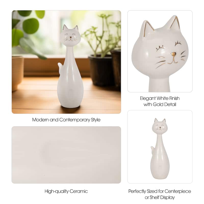 Sagebrook Home Ceramic 9" Sitting Kitty Figurine, Elegant White/Gold Decor, Perfect Gift - 3" x 3" x 9"