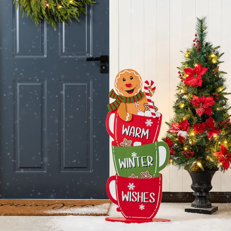Glitzhome 34.50"H Christmas Gingerbread Man on Coffee Cup Porch Decor - Multi