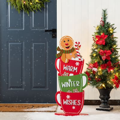 Glitzhome 34.50"H Christmas Gingerbread Man on Coffee Cup Porch Decor - Multi