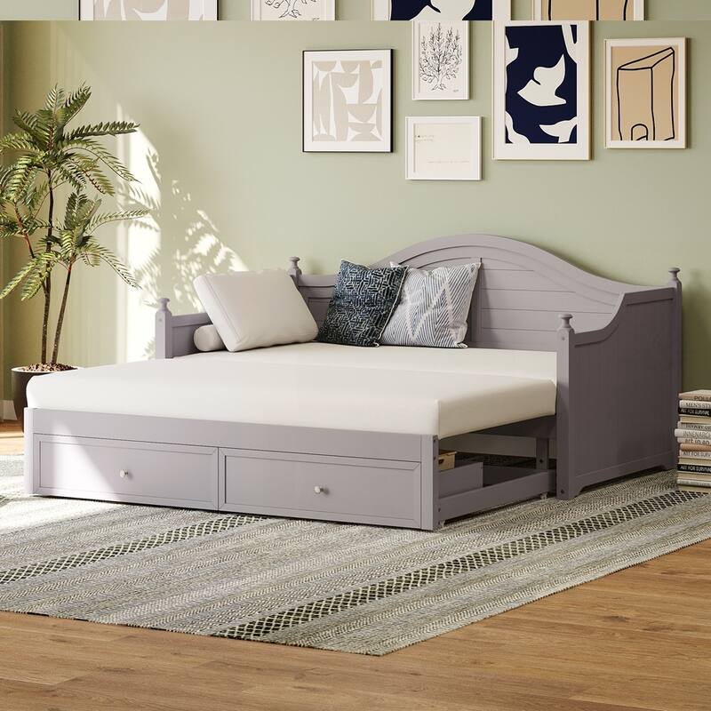 Wood Daybed with Extended Pop Up Trundle and Storage Drawers