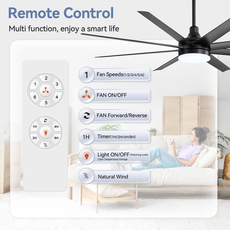 65 Inch Black/White/Gold LED Ceiling Fan with Light Remote(8-Blade)