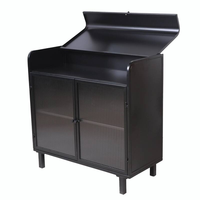 Industrial Glass Storage Cabinet - 2-Tier Shelves, Flip-Top Compartment