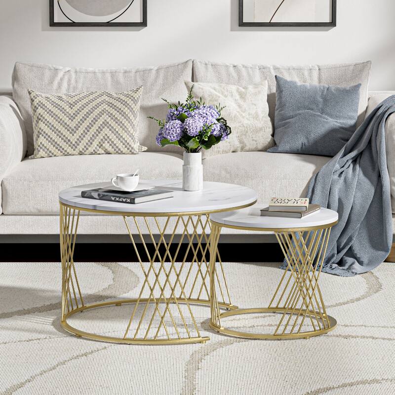 Anmytek Round Nesting Coffee Table Set of 2, White Modern End Tables Living Room Faux Marble Sofa Beside Table