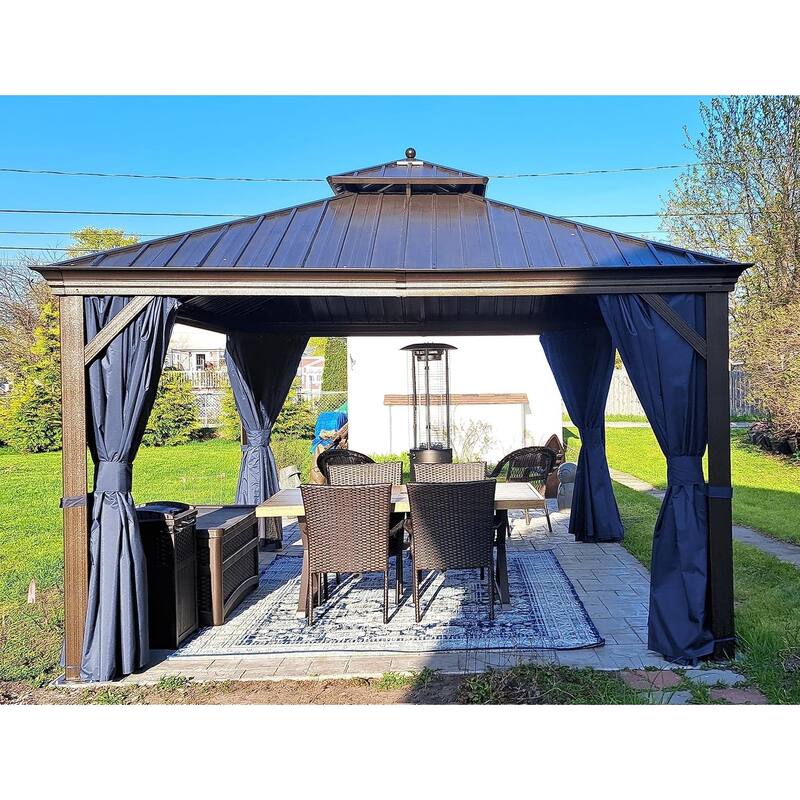 PURPLE LEAF Hardtop Aluminum Gazebo with Curtains and Netting, Double Roof Patio Gazebo