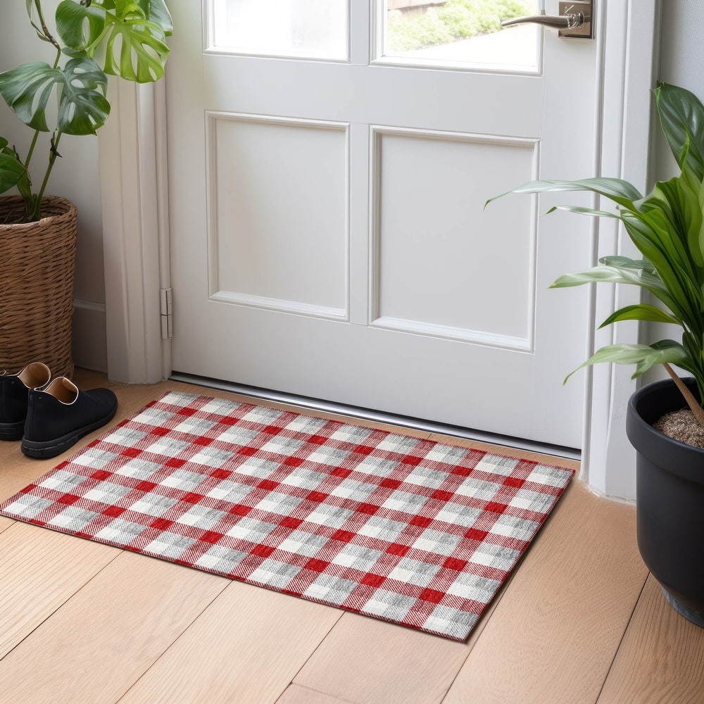 Machine Washable Indoor/ Outdoor Plaid Chantille Rug