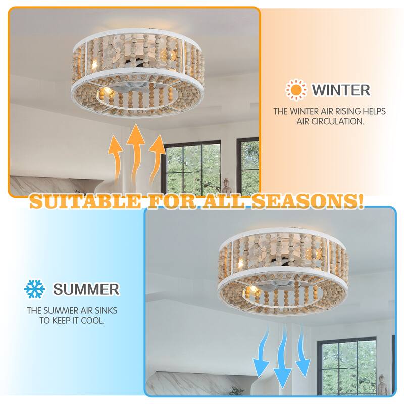 20" Flush Mount Caged Ceiling Fan with Light and Remote, Distressed White Metal 3-Speed Reversible Dc Motor