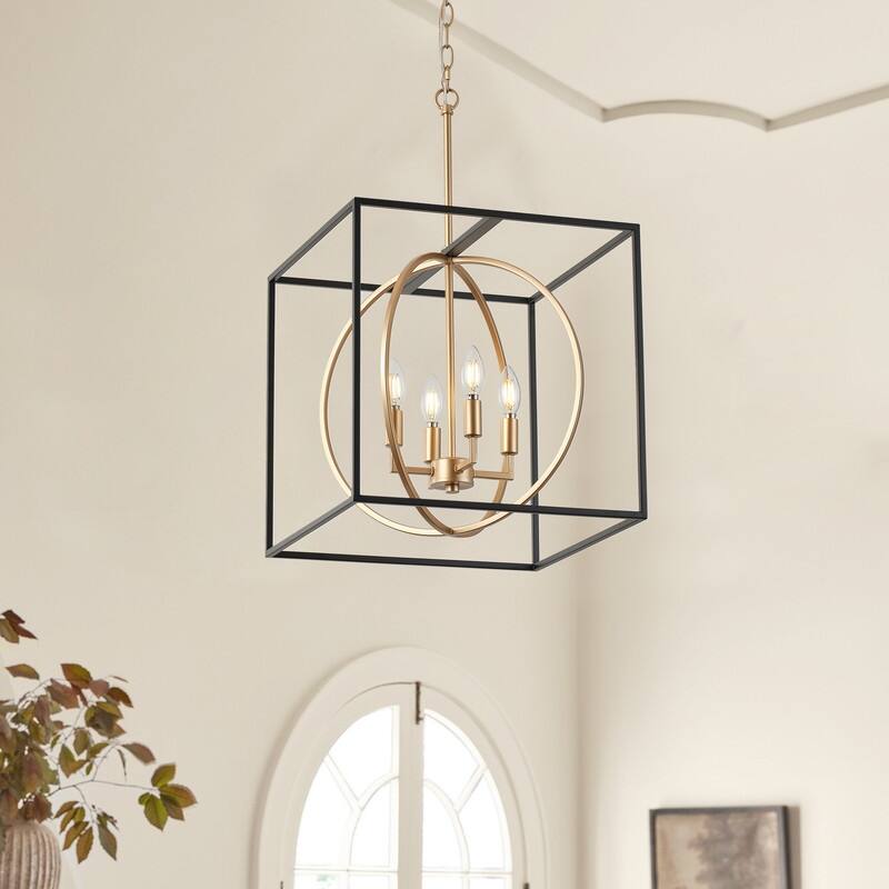 Industrial 4-Light Cube Pendant Chandelier with Matte Black and Gold Finish
