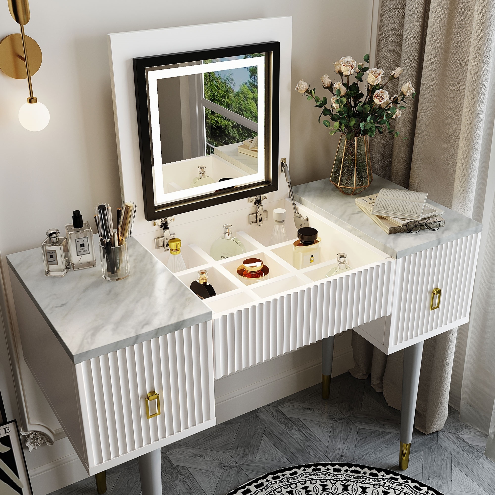Makeup vanity with flip up mirror hotsell