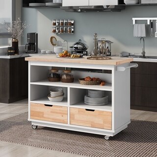 Kitchen Cart Rolling Mobile Kitchen Island Solid Wood Top, Kitchen Cart With 2 Drawers,Tableware Cabinet