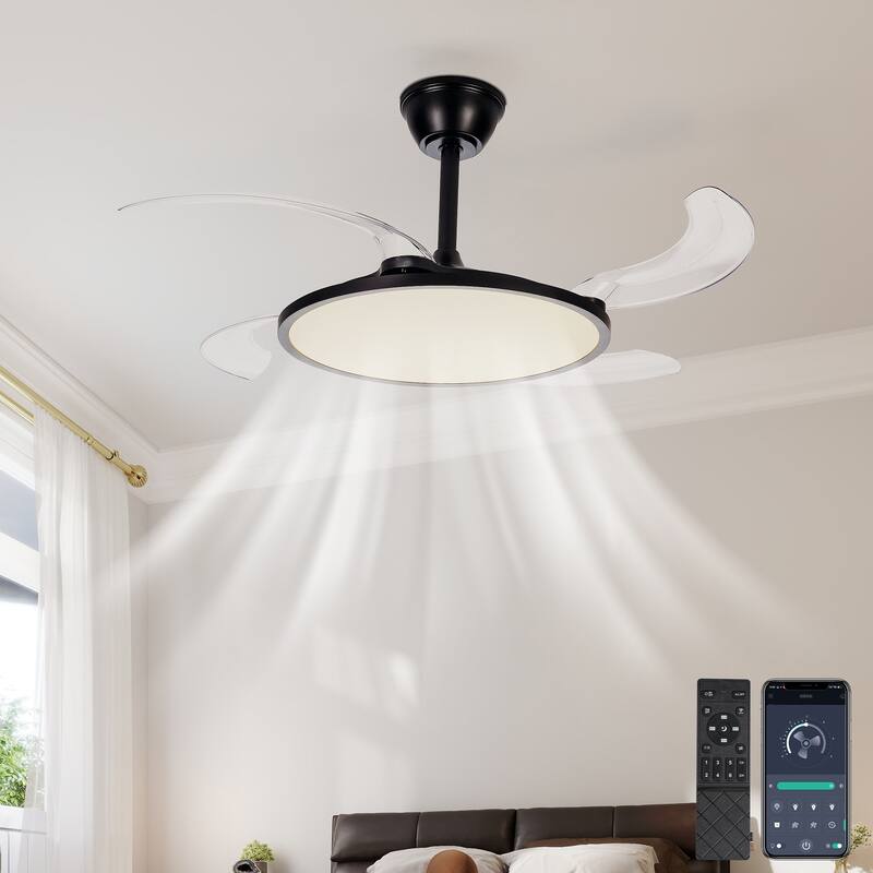 42 Inch Retractable Ceiling Fan with Light, Smart APP/Remote Control Ceiling Fan Light for Bedroom Living Room