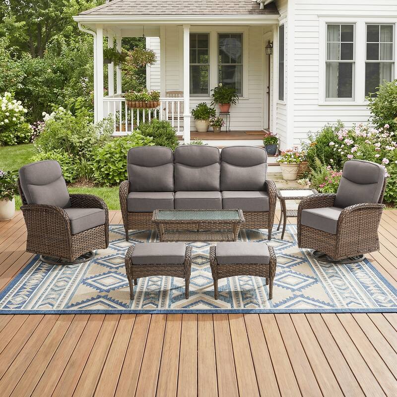 Pocassy Outdoor Sofa Swivel Chair and Ottman with Coffee Table - Brown Wicker Gray Cushion - 7-Piece Sofa Swivel Chiar Ottoman with Table