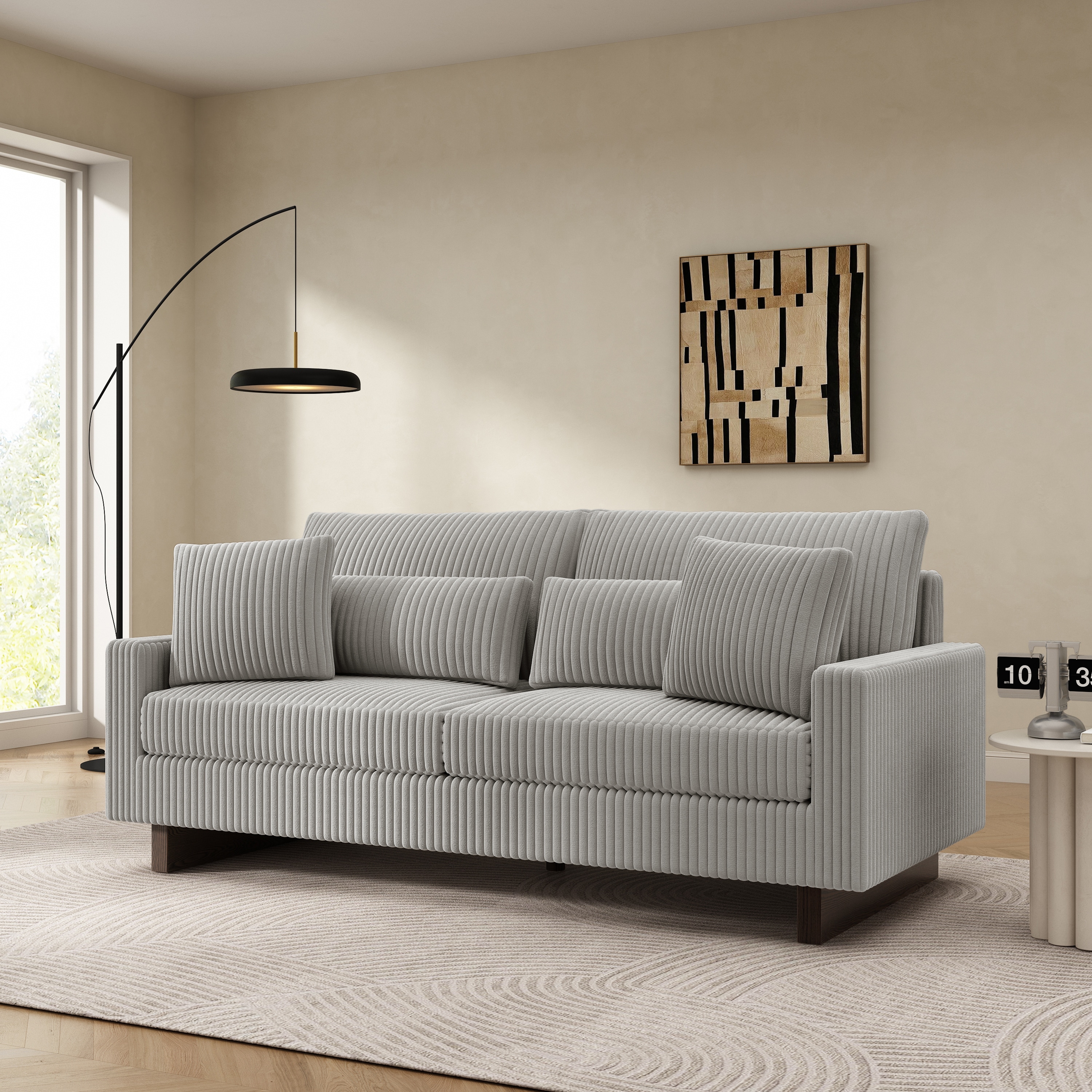 Modular Loveseat Sectional Sofa, 80.3" Corduroy 2-Seater Couch, Modern Square Armrest Sofa with Wooden Leg and Pillows