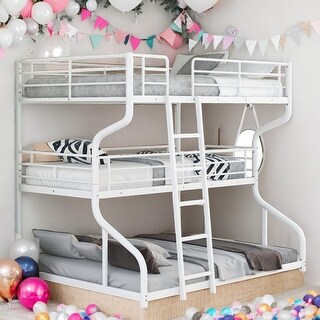 Full XL over Twin XL over Queen Size Triple Bunk Bed with Ladders, White Metal Frame, Industrial Style