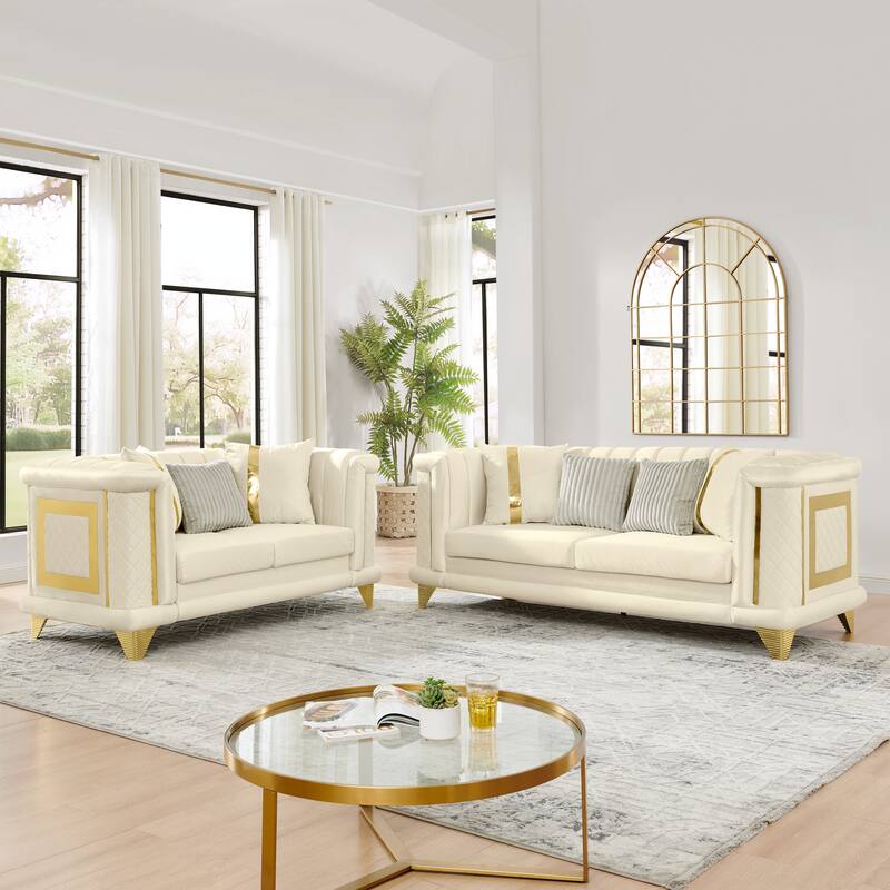 2PCS Velvet Sofa Set with Gold Trims and Embroidered Texture, Mid Century Modern Victorian Couch for Living Room, Beige - Multi-Color