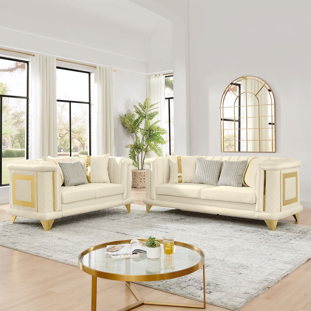 2PCS Velvet Sofa Set with Gold Trims and Embroidered Texture, Mid Century Modern Victorian Couch for Living Room, Beige
