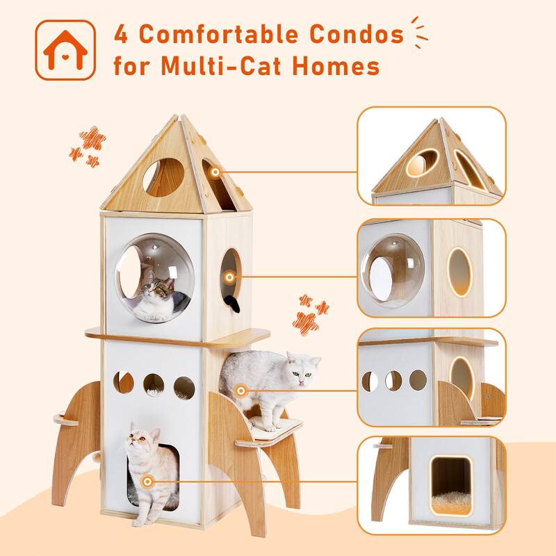 Modern Rocket Shape Multi-level Cat Tree with 3 Condos & Dangling Balls