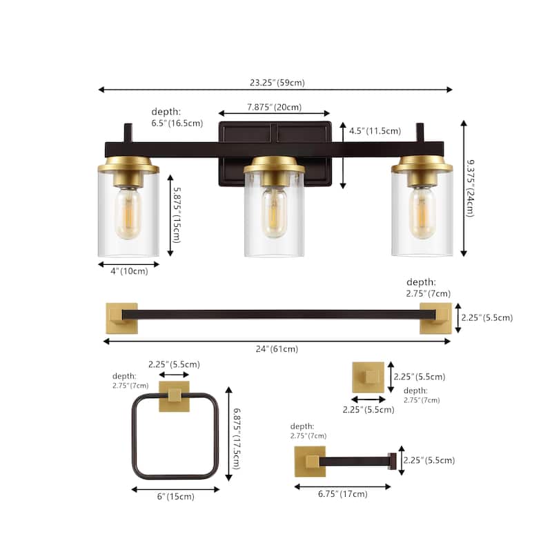 Egan 23.25" 3-Light Farmhouse Industrial Vanity Light with Bathroom Hardware Accessory Set, (5-Piece) by JONATHAN Y