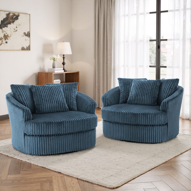 Oversized 43" W Plush Corduroy Slipcovered Swivel Barrel Chair with Pillows Set of 2 - Blue