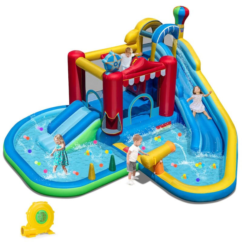 Inflatable Outdoor Water Park for Kids with Slide Ball Pit Basketball Hoop and Interactive Games - 188" x 183" x 102"
