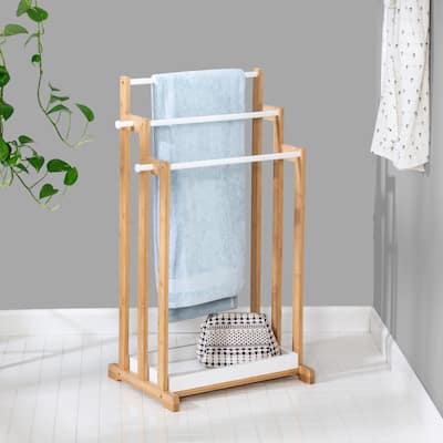 Natural/White Bamboo 3-Tier Towel Rack - 13.8L x 17.7W x 33.3H