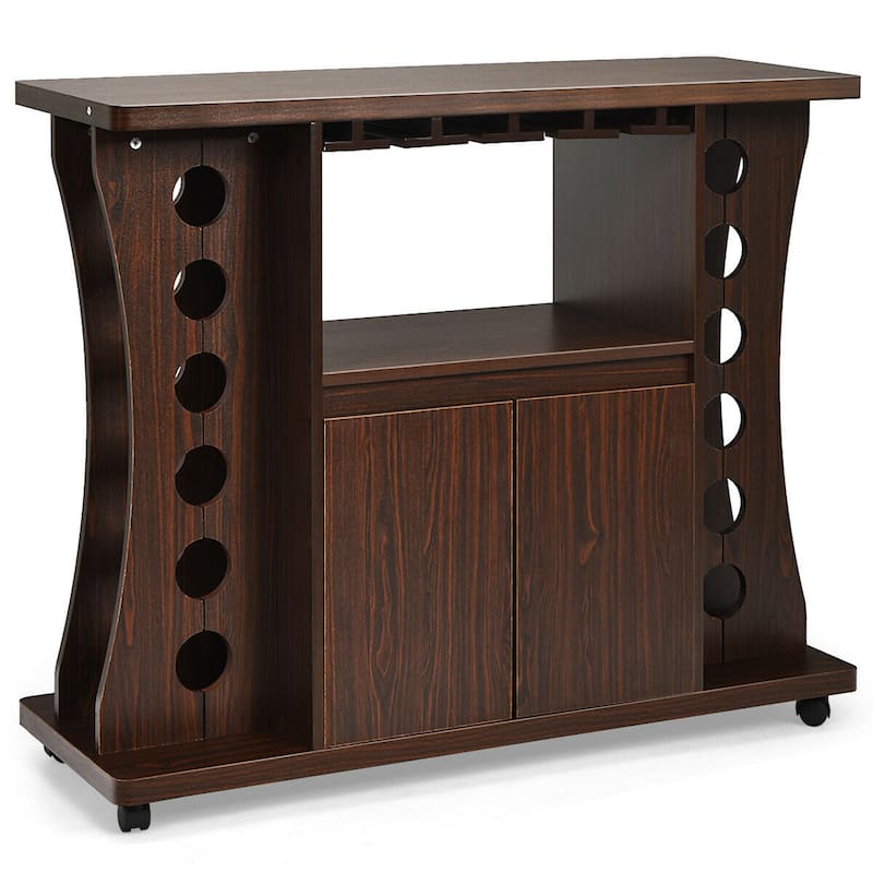 Gymax Rolling Buffet Sideboard Wooden Bar Storage Cabinet w/ Wine Rack - 43.5'' x 15.5'' x 36'' (L x W x H)