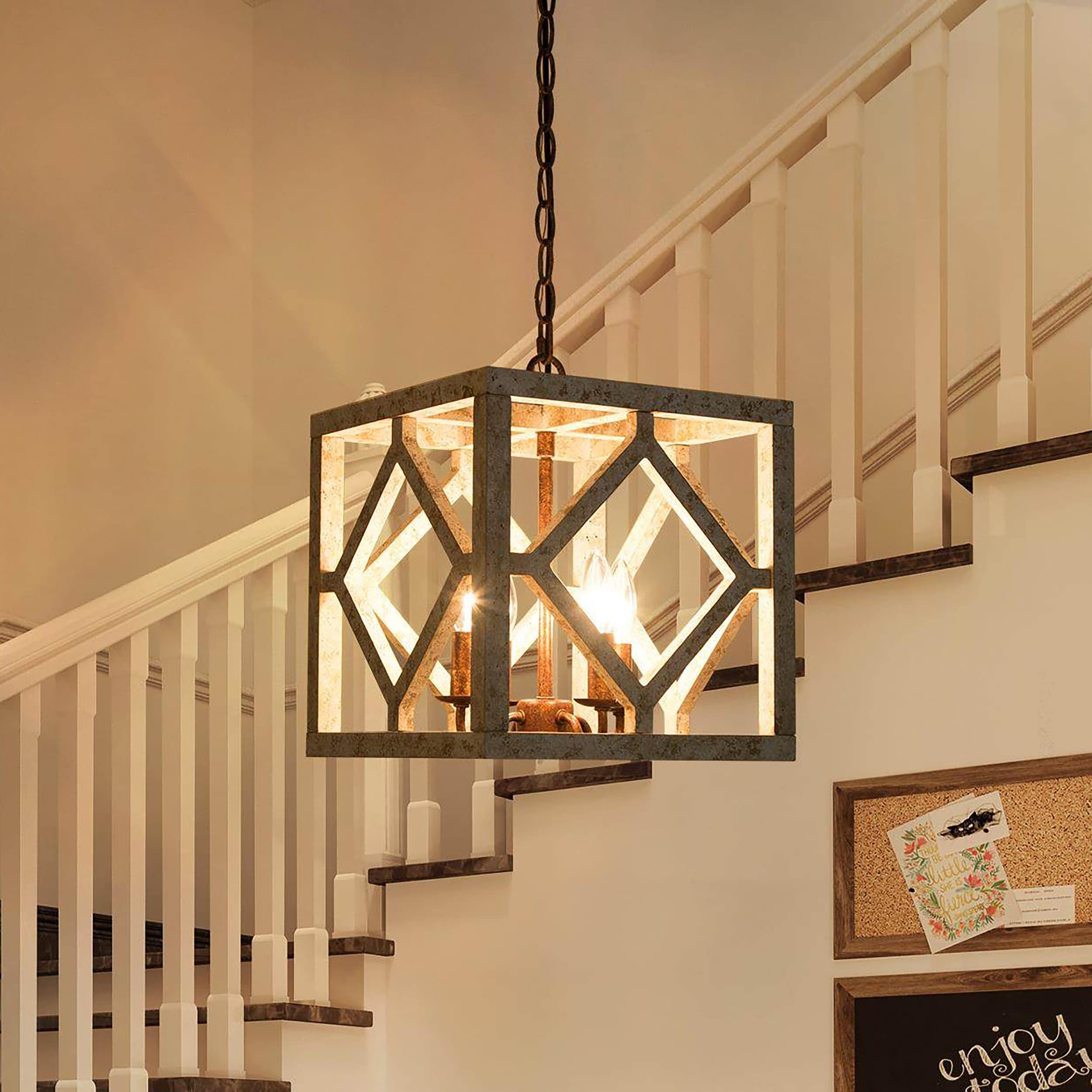 Farmhouse 4-Light Distressed Wood Chandelier for Dining Room - L12"x W12"x H14"