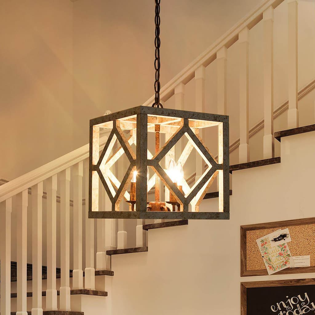 Farmhouse 4-Light Distressed Wood Chandelier for Dining Room - L12"x W12"x H14"