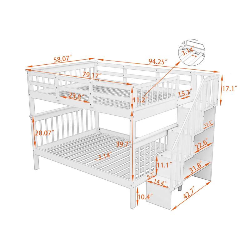 Stairway Full Bunk Bed with Guardrail, Storage & No Box Spring Needed