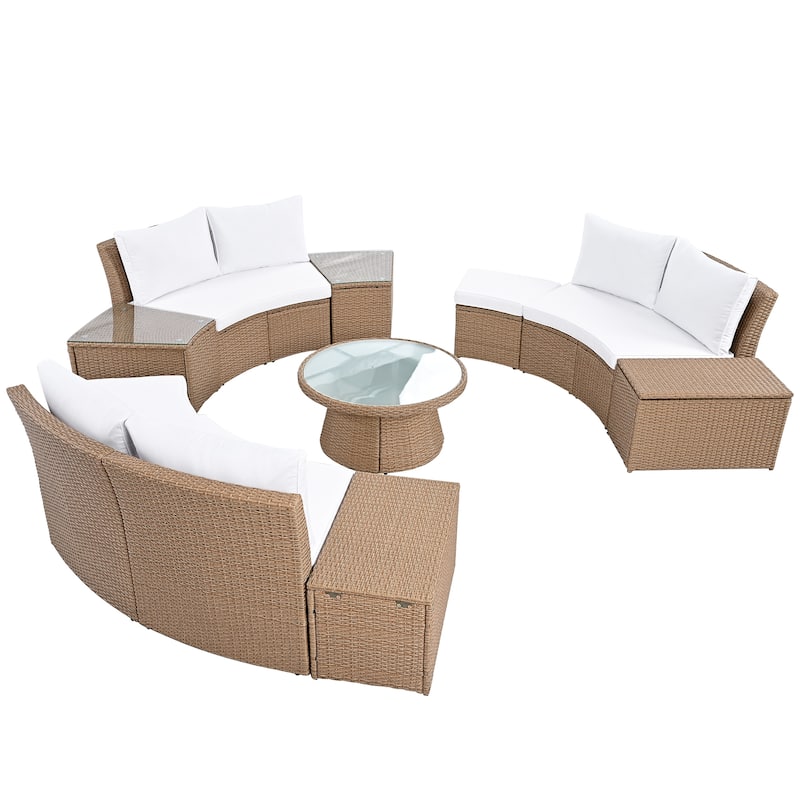 10-Piece Outdoor Half Round Rattan Sofa Set, PE Rattan Conversation Furniture Set with Storage Ottomans and Back Cushions