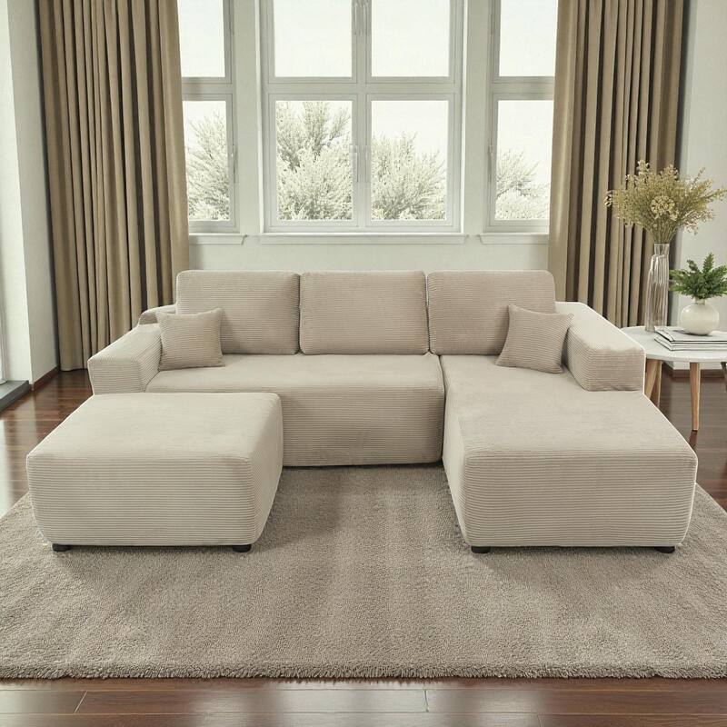 105.1" Cloud Modular Sectional Sofa with U-Shaped Chaise, Deep Seat Corduroy Upholstered Couch, No Assembly Required - Camel