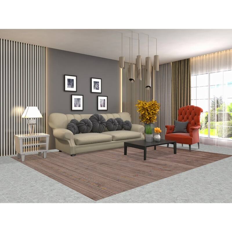 Striped Brown Tribal Gabbeh Oriental Area Rug Hand-Knotted Wool Carpet - 8'0"x 9'9"