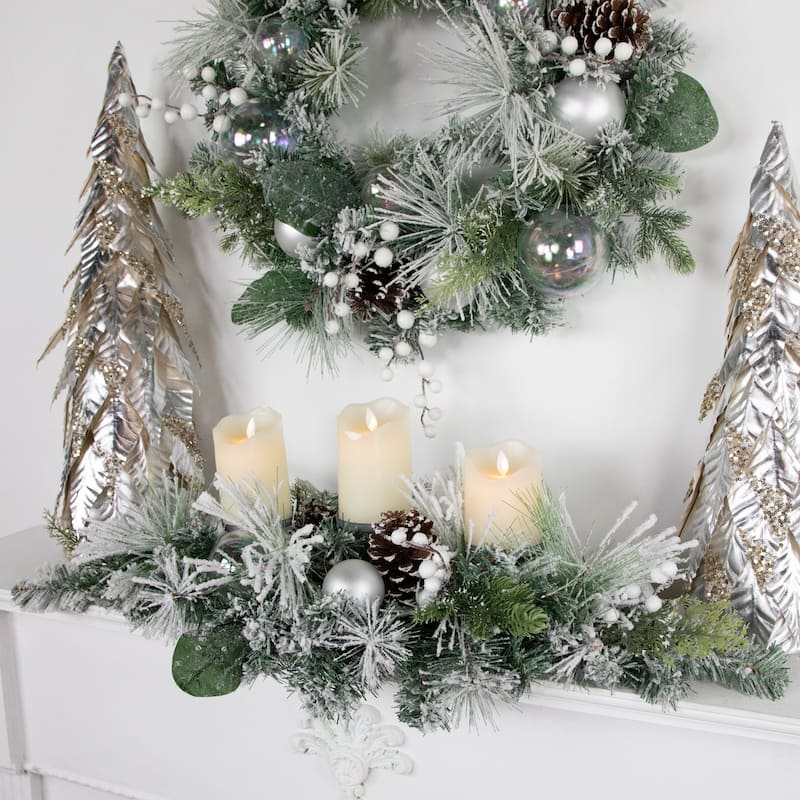30" Green Flocked Pine Triple Candle Holder Iridescent Ornaments