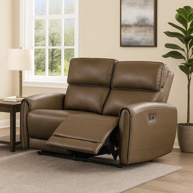 Sily Power Reclining Loveseat, Light Brown Faux Leather, 57 Inch, USB